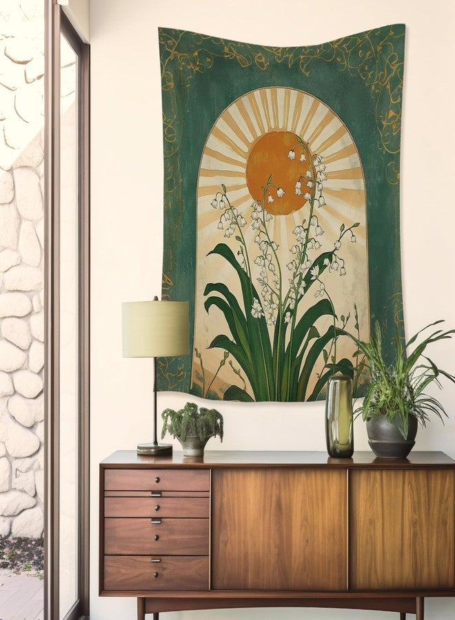 HUGANE Emerald Green Lily of the Valley Boho Sun Tapestry, Mystical Folk Botanical Wall Tapestries, Vintage Boho Sunshine Flower Hanging Wall Decor for Bedroom Living Room Home Office - Image 2